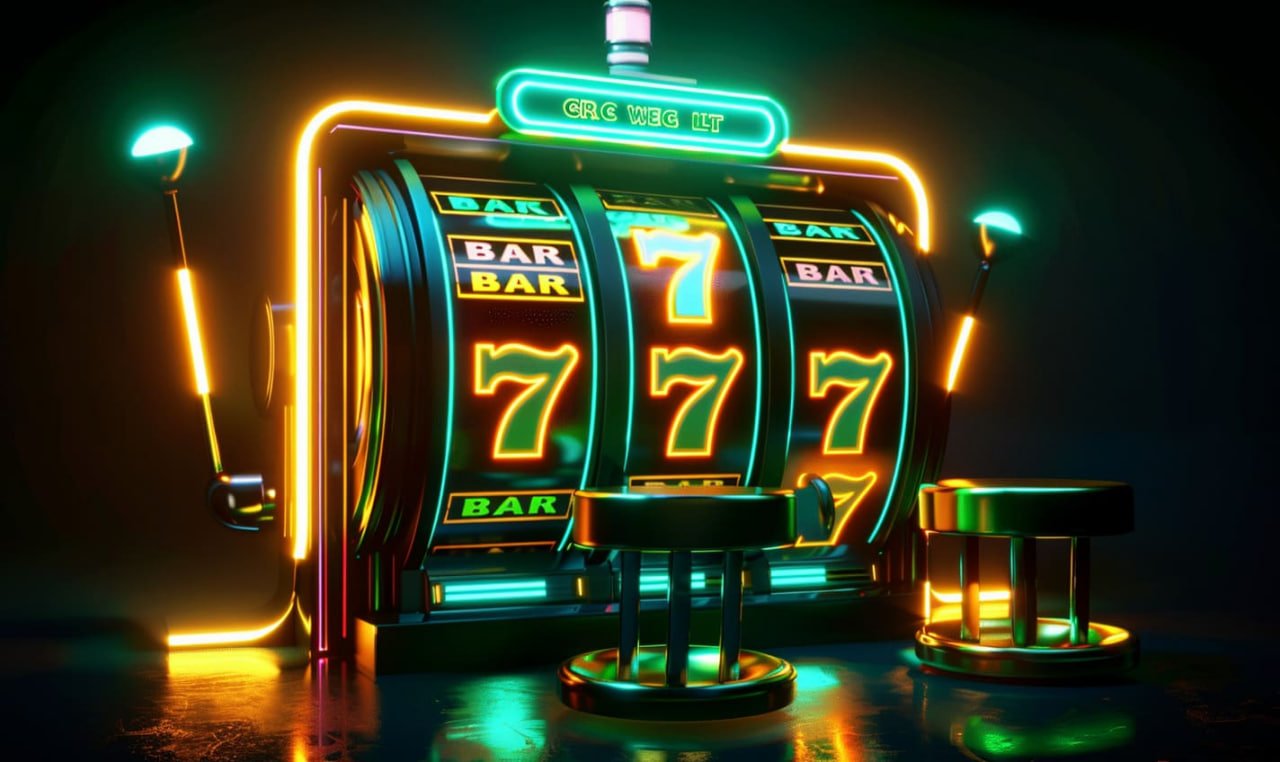 Slot game interface showing reels, paylines, spin button, and current balance display